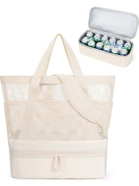 Bagsmart Mesh Cooler Tote Bag with Insulated Base - Cream
